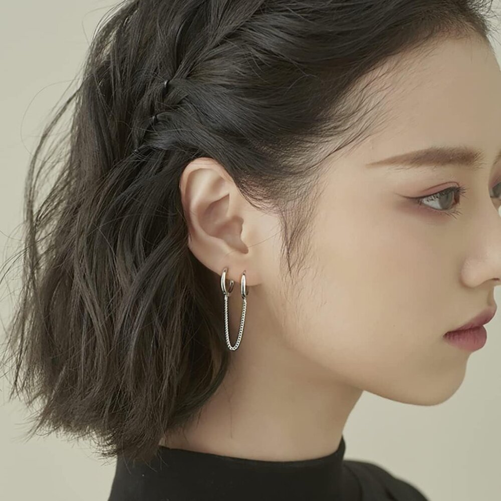 Solid 925 Sterling Silver Double Hoop Earrings Ch… - image 2